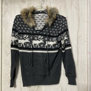 Roommates  Reindeer Winter Theme Hooded Faux Fur Trim Sweater‎ Large Gray White